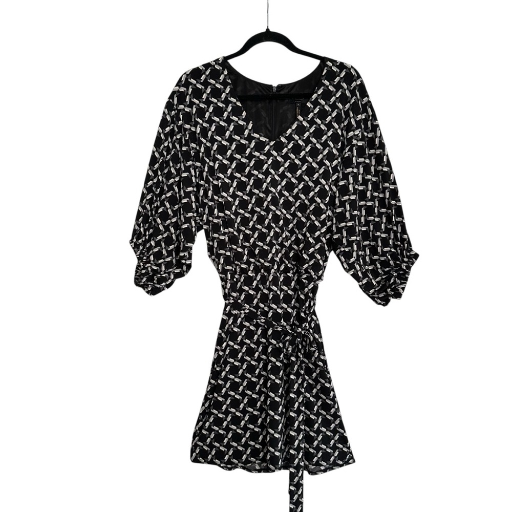 LAUNDRY by‎ Shelli Segal Black White Gray Geometric Tie Waist Dress Size 8